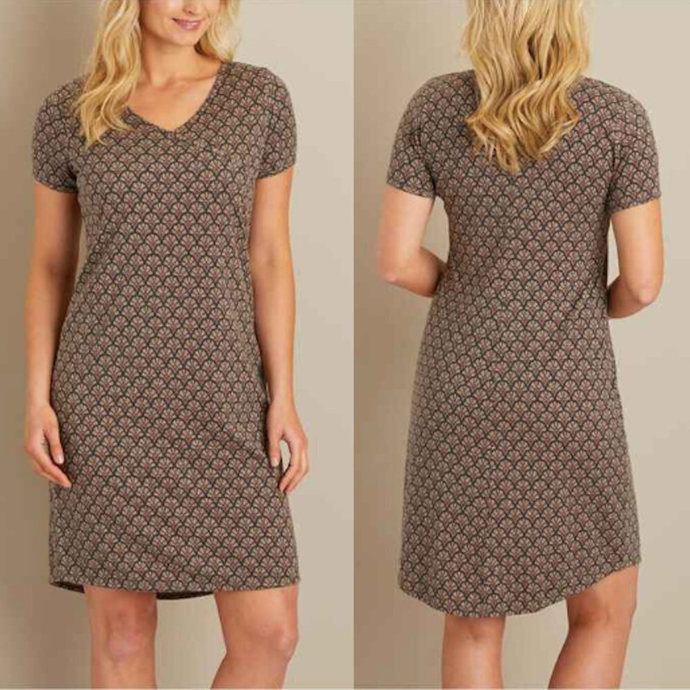 DULUTH TRADING CO To N Flow Jersey Dress Stretch M Women 44635 Brown Tan Print